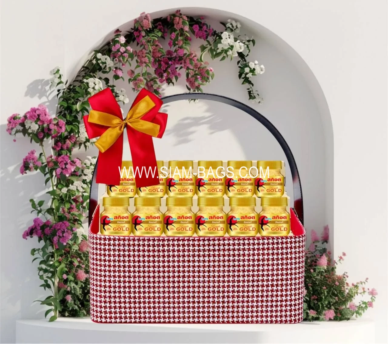 กระเช้าของขวัญติดโบว์ 1 กระเช้าของขวัญติดโบว์